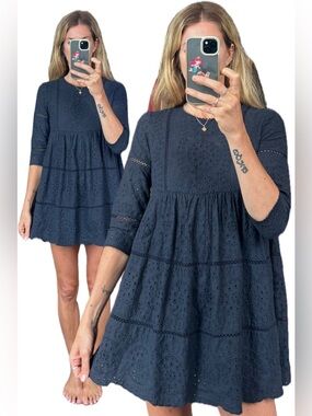 Zara Navy Blue Eyelet Tiered Babydoll Mini Dress